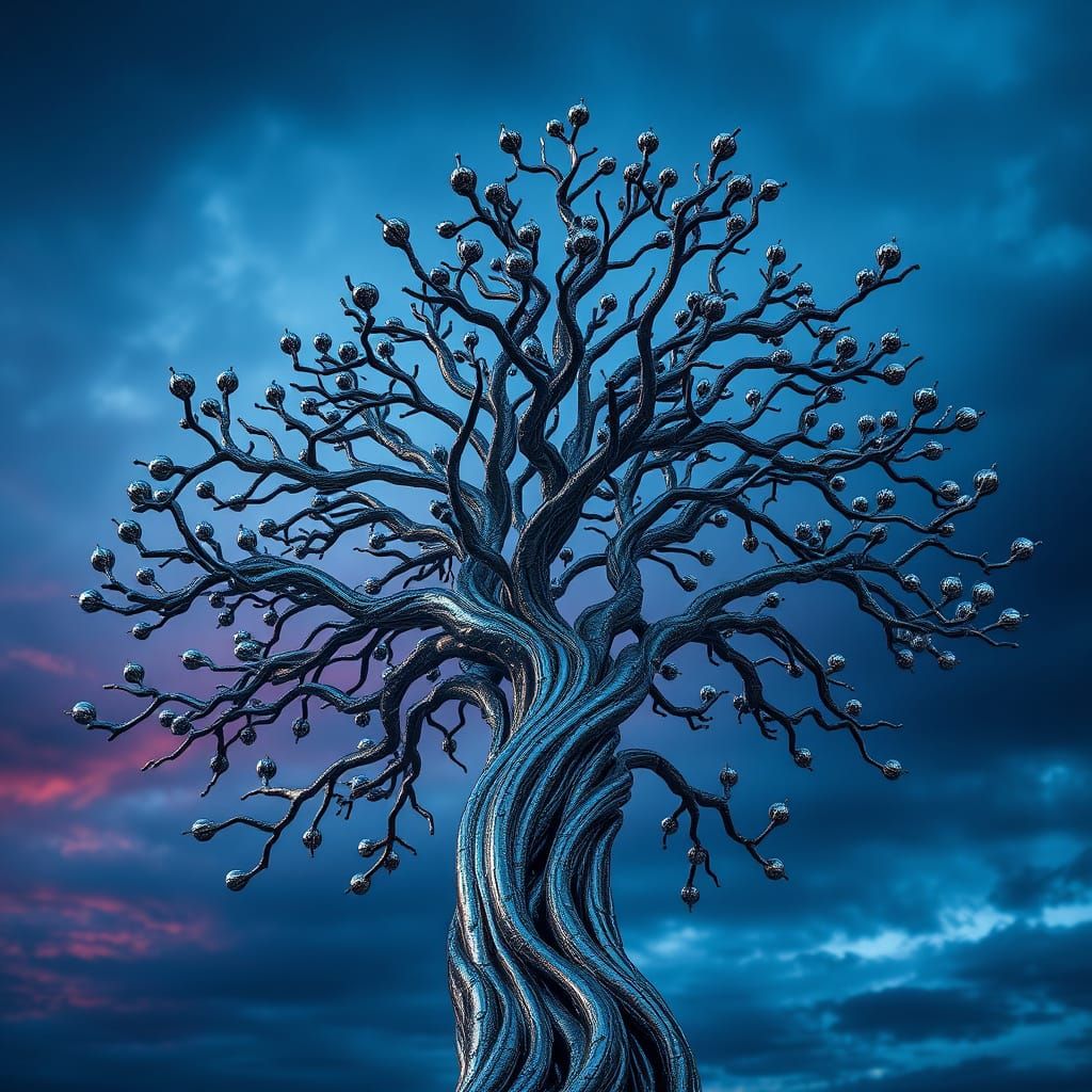 Metallic Tree Sculpture in Dramatic Gradient Sky