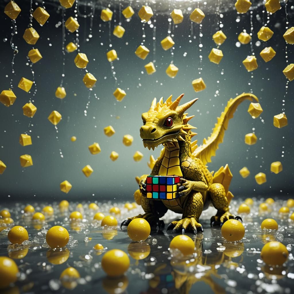 Lemon Dragon holding a Rubik cube
