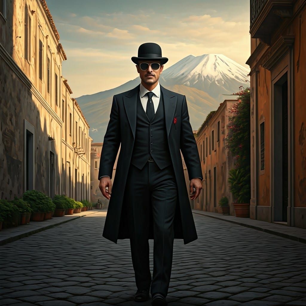 Italian Man in City, Horn Gesture, Art Nouveau Style