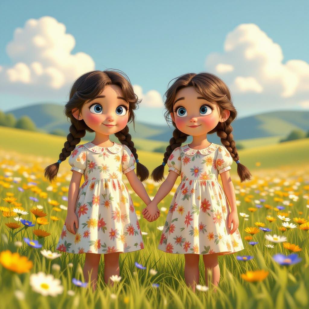 Pixar-Style Girls in Wildflower Field, 3D Animation