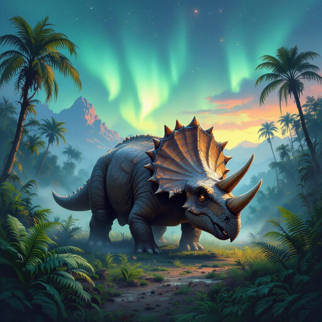 Triceratops Grazing Under Aurora Borealis