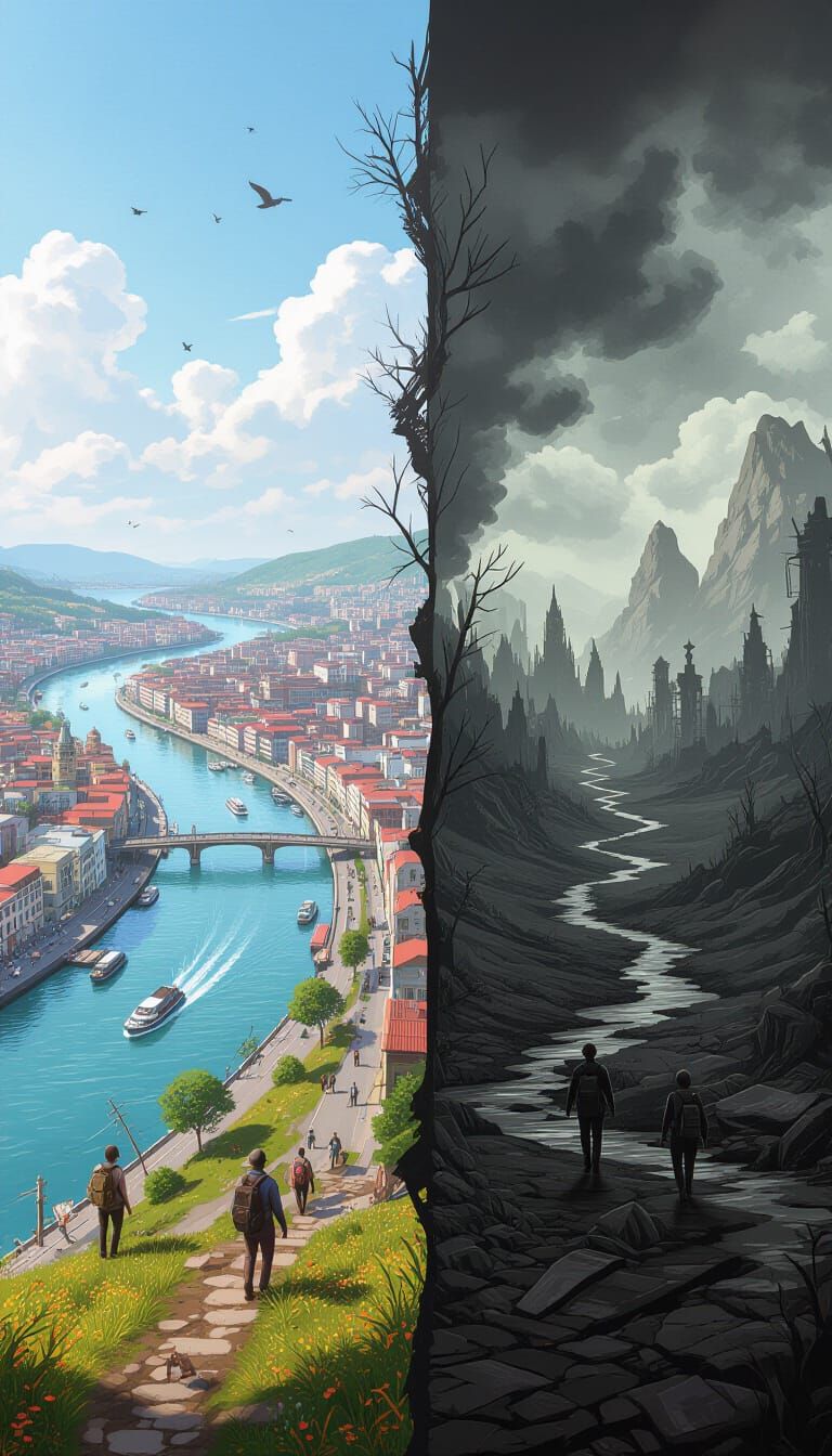 Split Landscape: Bustling City Meets Post-Apocalyptic Future