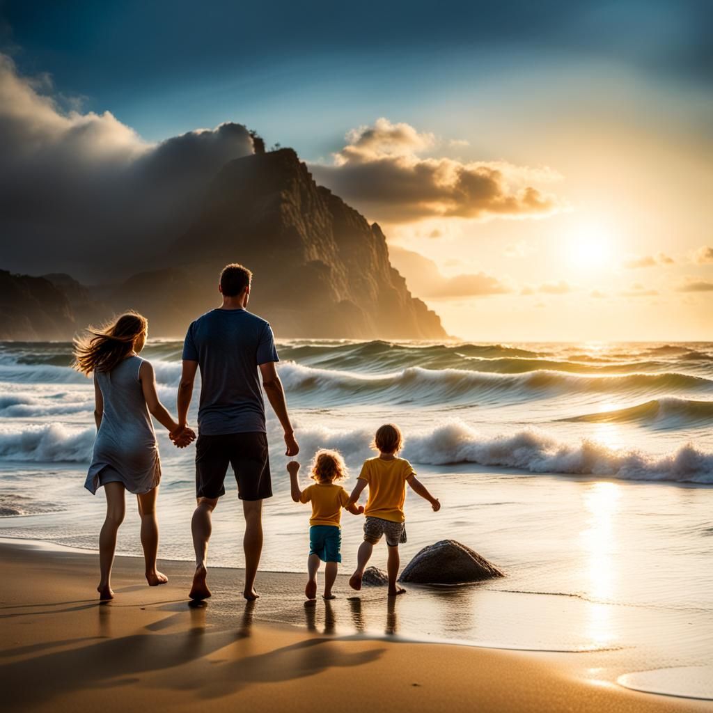 Surreal Family Moment on a Moody Seaside