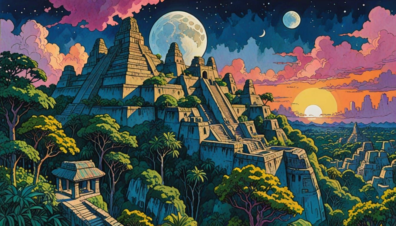 Moonlit Mayan City in Jungle, Comic Art Style