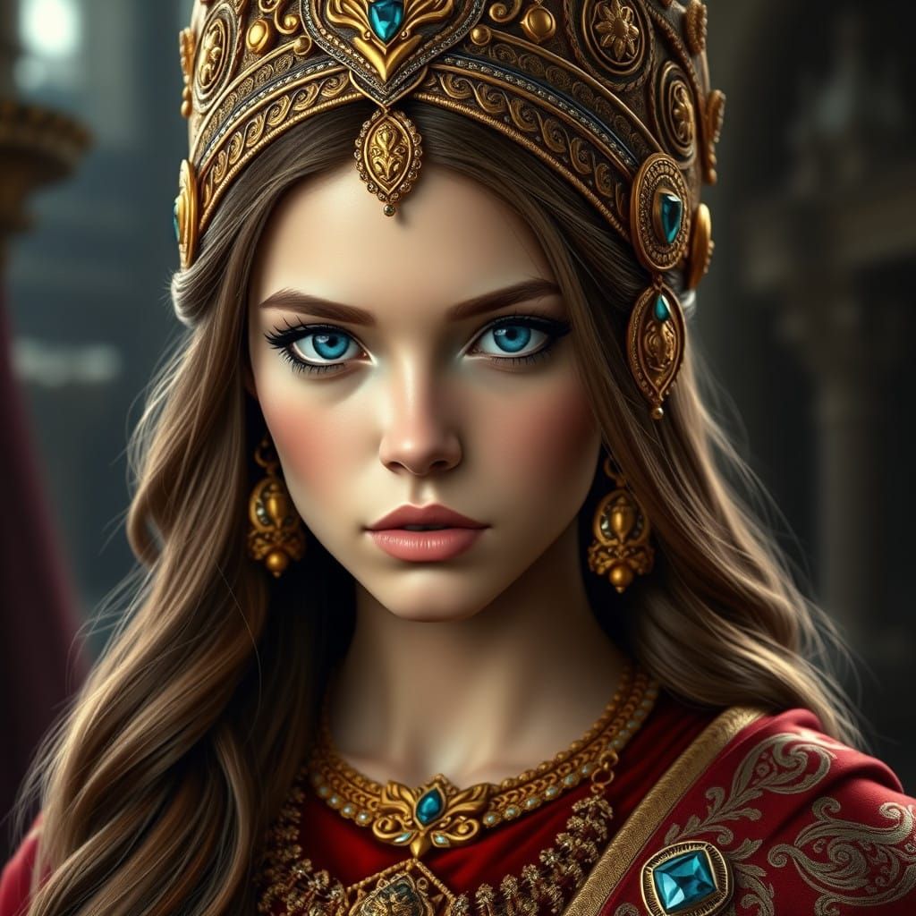 Elegant Fantasy Queen in Golden Headdress
