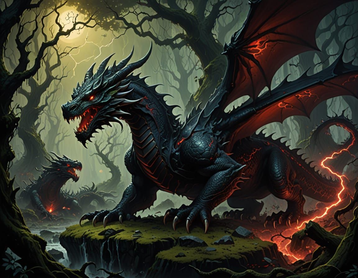 Obsidian Dragon Guarding Grove with Crimson Lightning