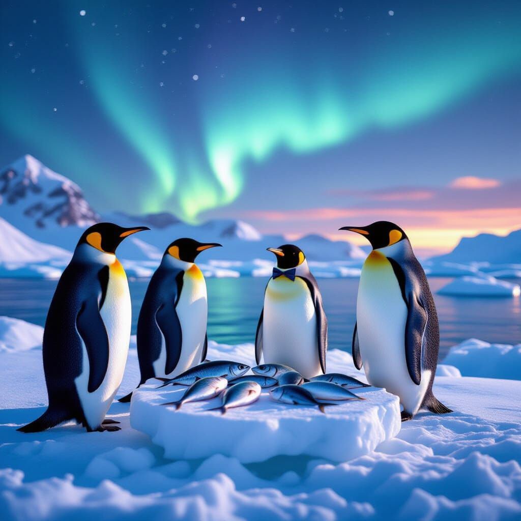 Dapper Penguins Present Fish Feast Under Aurora Sky