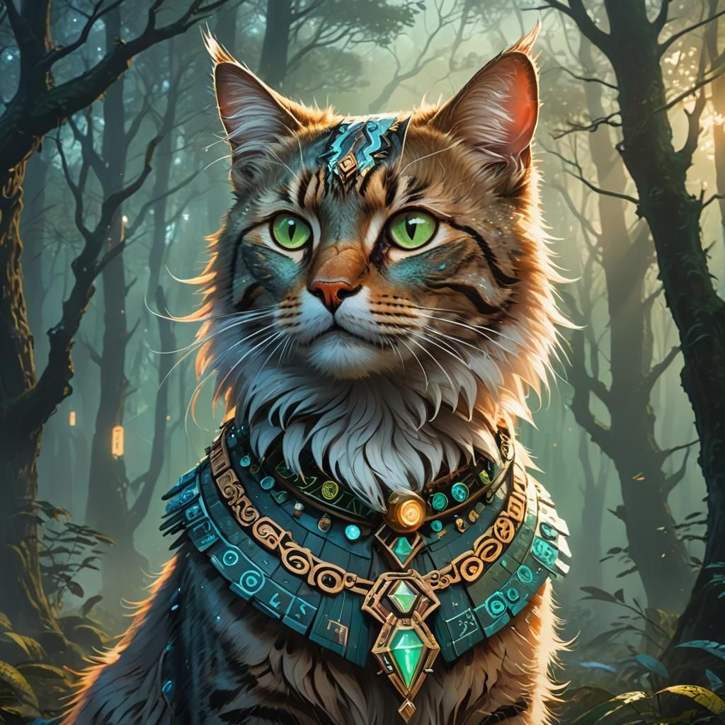 Majestic Cat Portrait in Mystical Forest