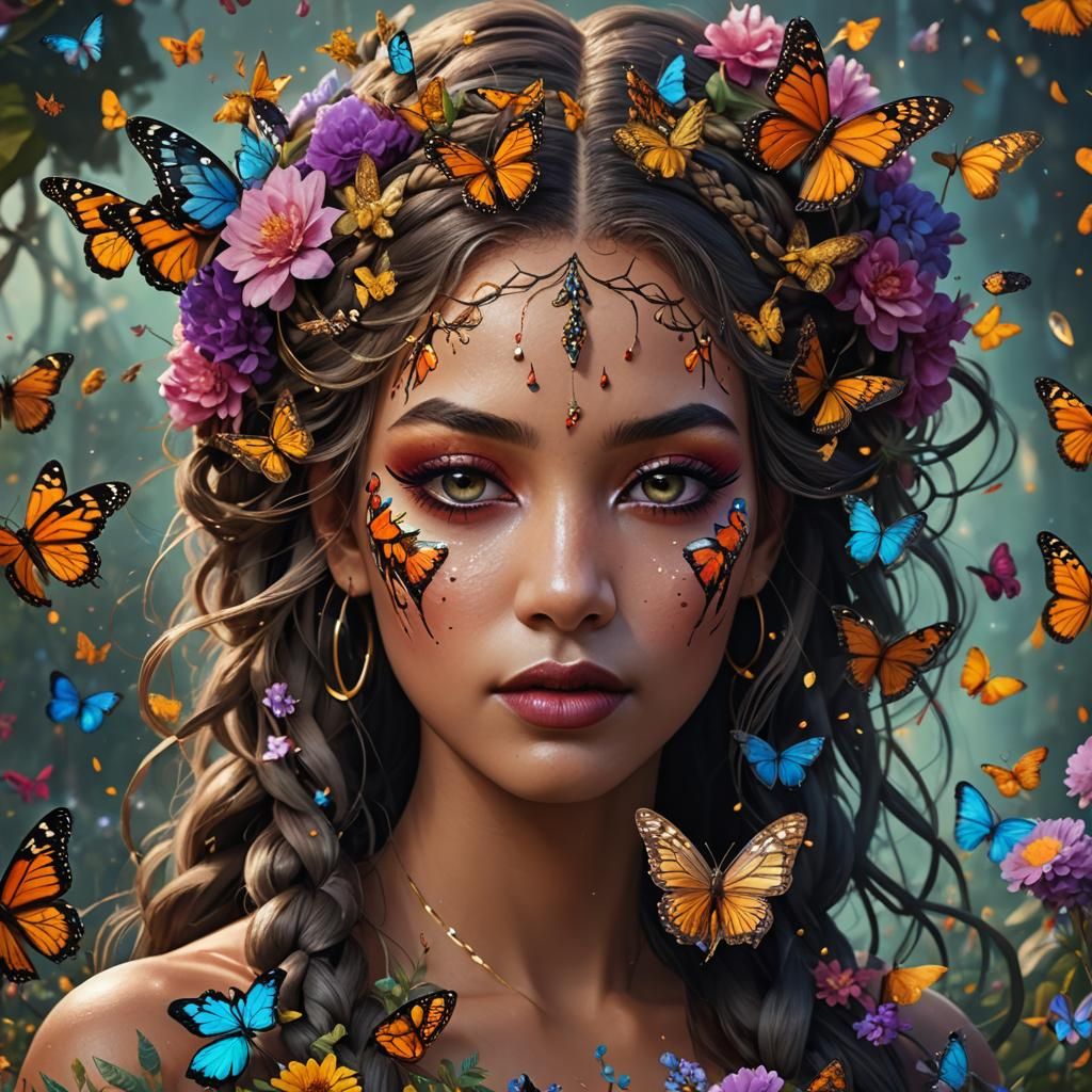 Butterfly Woman: Detailed Matte Painting in Deep Color