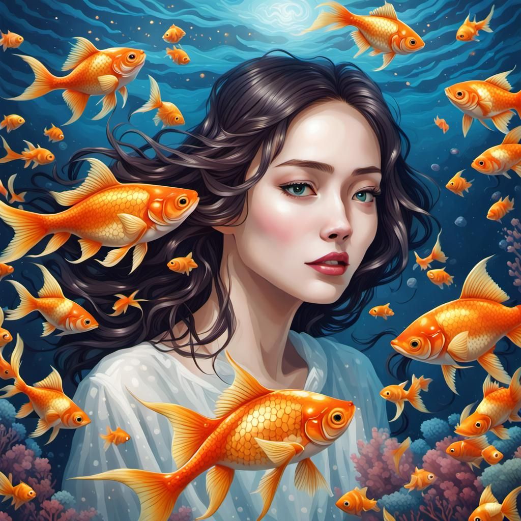 Underwater Woman Surrounded by Goldfish