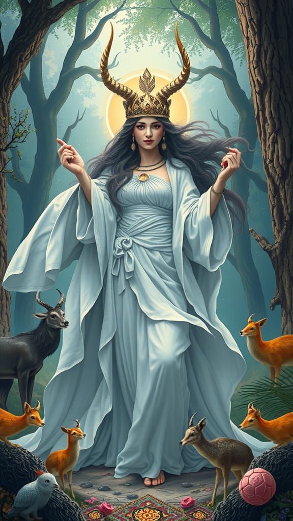 Surreal Goddess of Harmony in Whimsical Forest Landscape