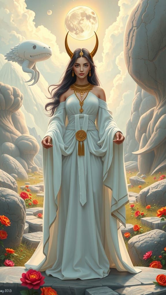 Serenely Standing Goddess in Whimsical Uruk-Kawaii Landscape...