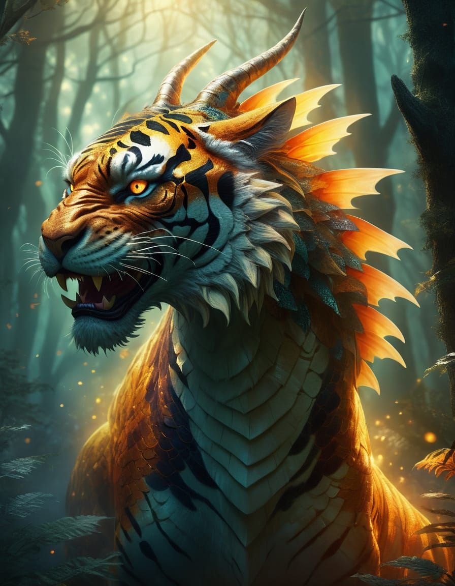 Dragon-Tiger Hybrid Roars in Mystical Forest