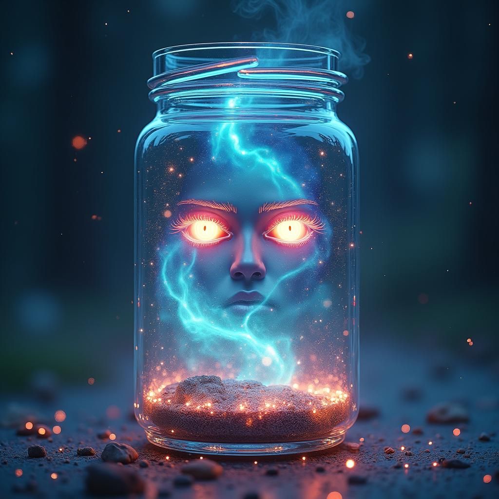 Astral Lab Jar with Shimmering Eyes in Holographic Style