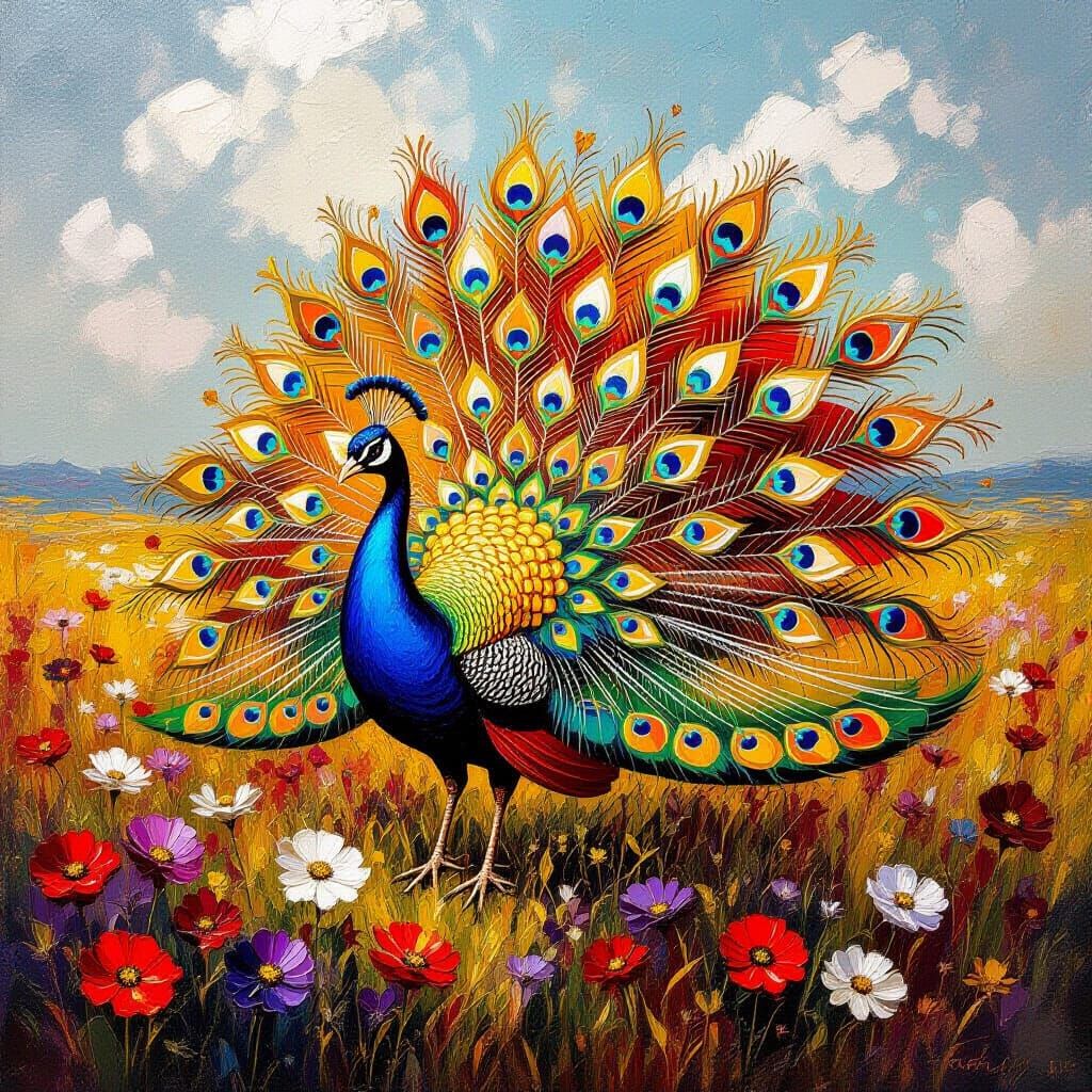Opulent Peacock in Wildflower Field with Metallic Hues