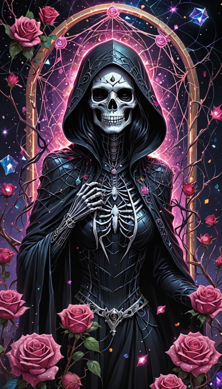 Girly Grim Reaper with Roses and Crystals