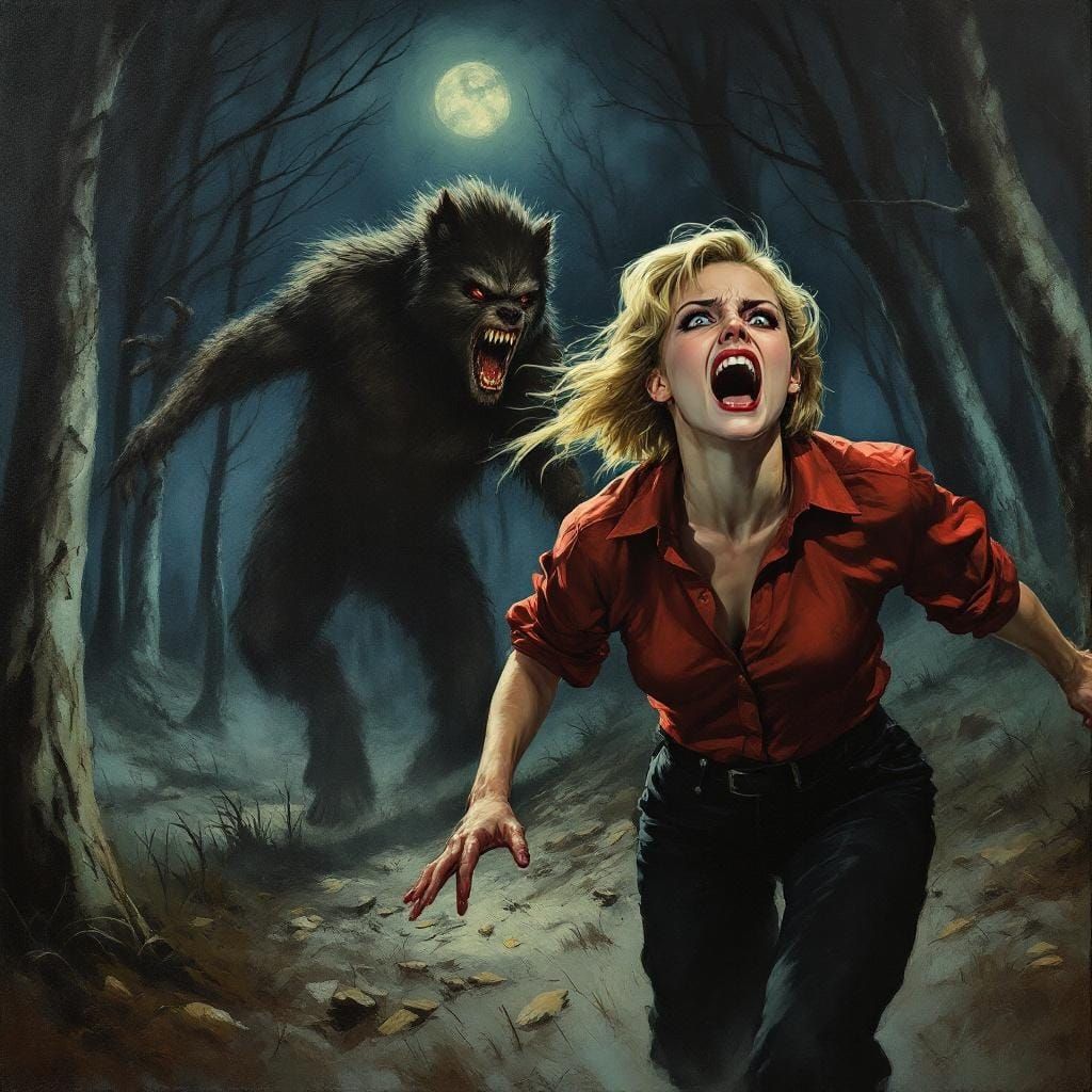 Frightened Woman's Flight from Werewolf in Retro Horror Styl...