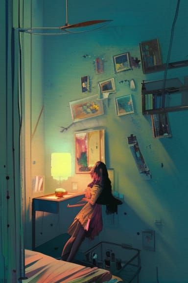 Pop Art Painting of Young Woman in Bedroom
