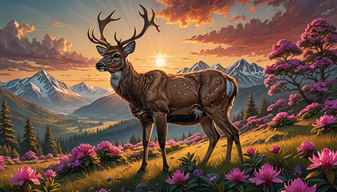 Deer Watches Sunrise Over Mountain Meadow