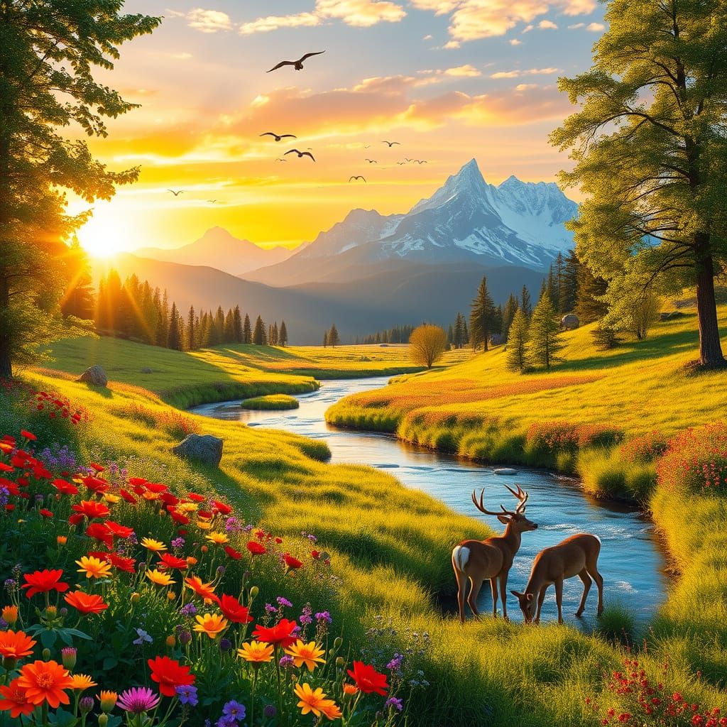 Golden Sunrise in a Vibrant Valley Landscape