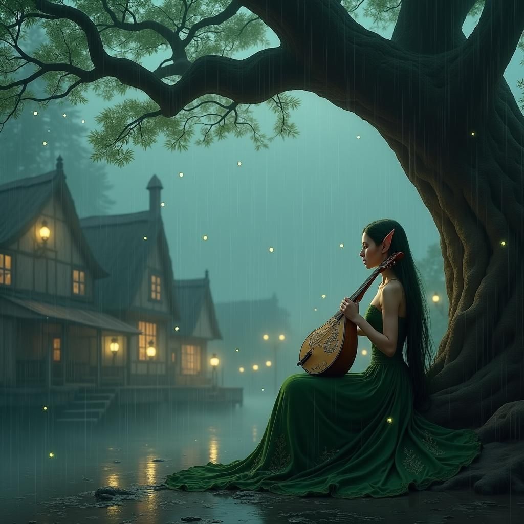 Enchanting Elf Musician in Misty Forest Village