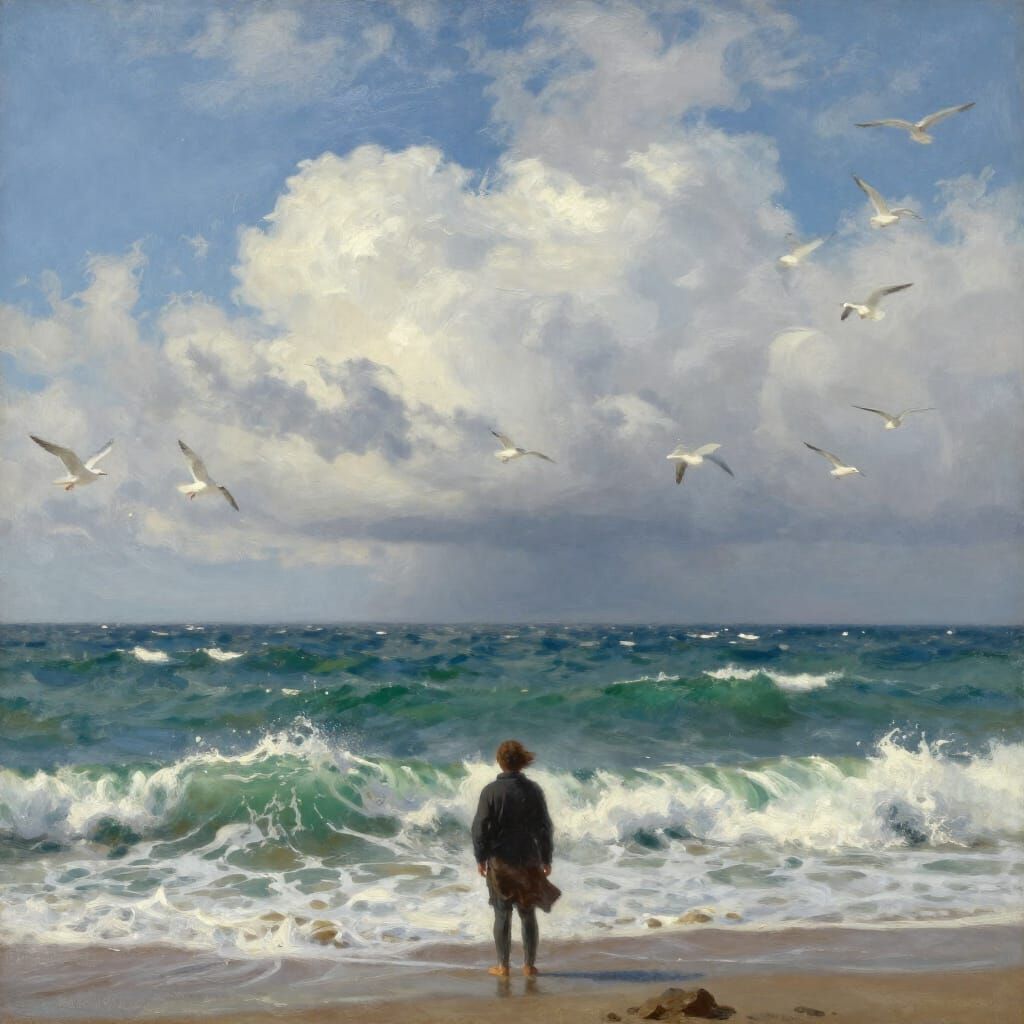 Lone Figure on Windswept Shore Gazing at Turbulent Sea