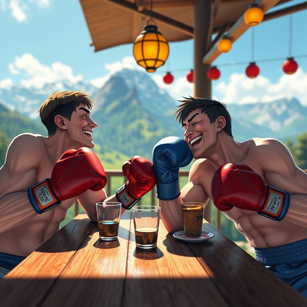 Boxers Enjoy Coffee, Mountain View, 3D Anime Style