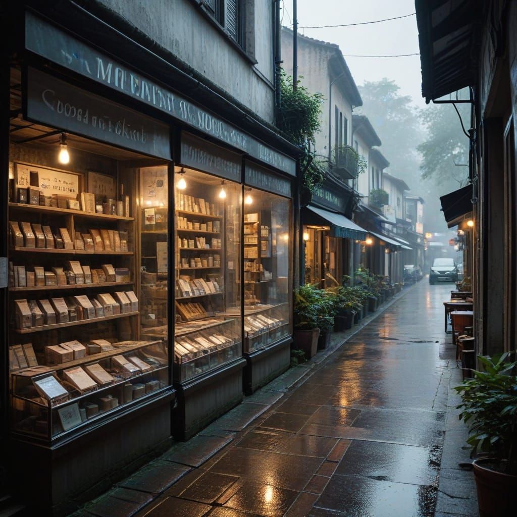 A Narrow Street in an Old City with a Shop Selling Moments o...