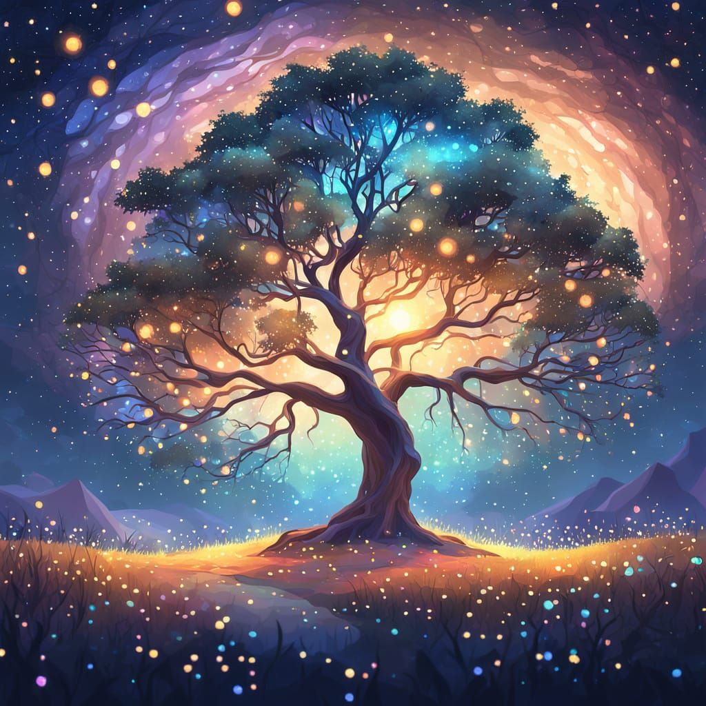 Whimsical Tree Under Glowing Fireflies at Night