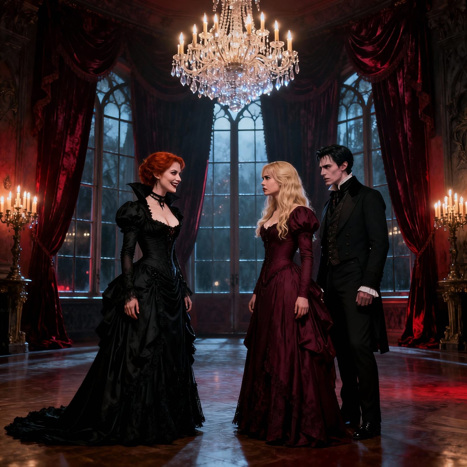 Vampire Ball: Elegant Gowns in Gothic Mansion