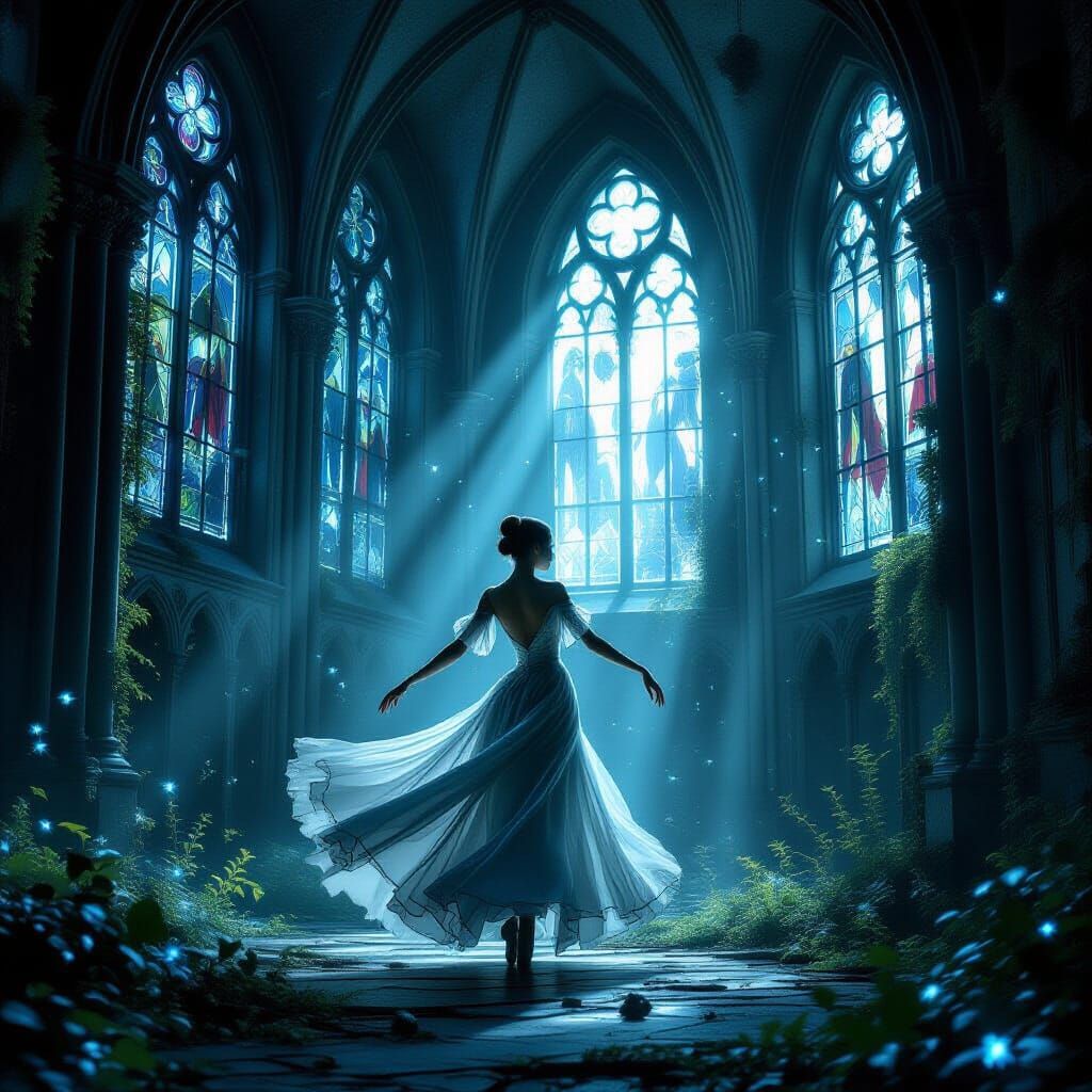 Ballet Dancer in Moonlit Gothic Cathedral with Bioluminescen...