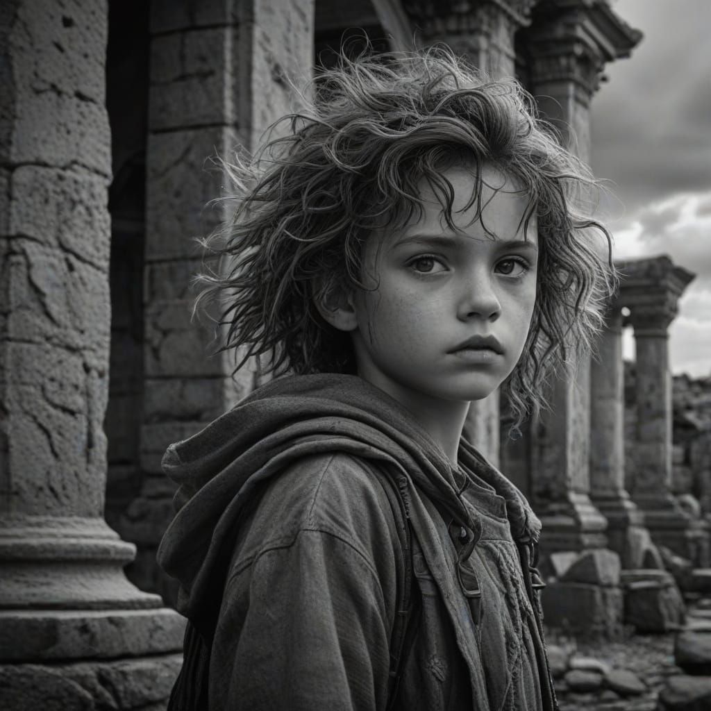 Child with Wild Hair Amidst Ancient Ruins Sketch