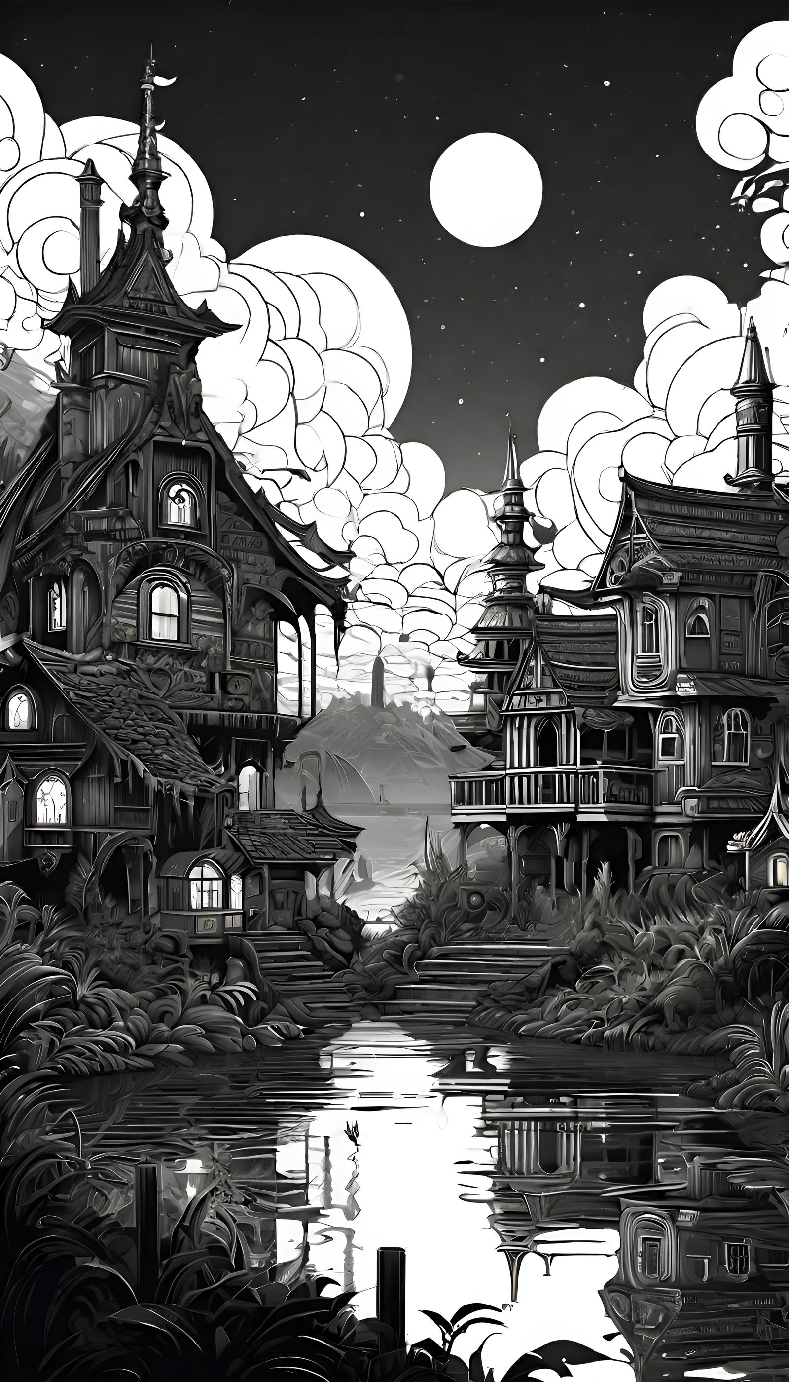 Intricate Line Art Village in Monochromatic Fantasy