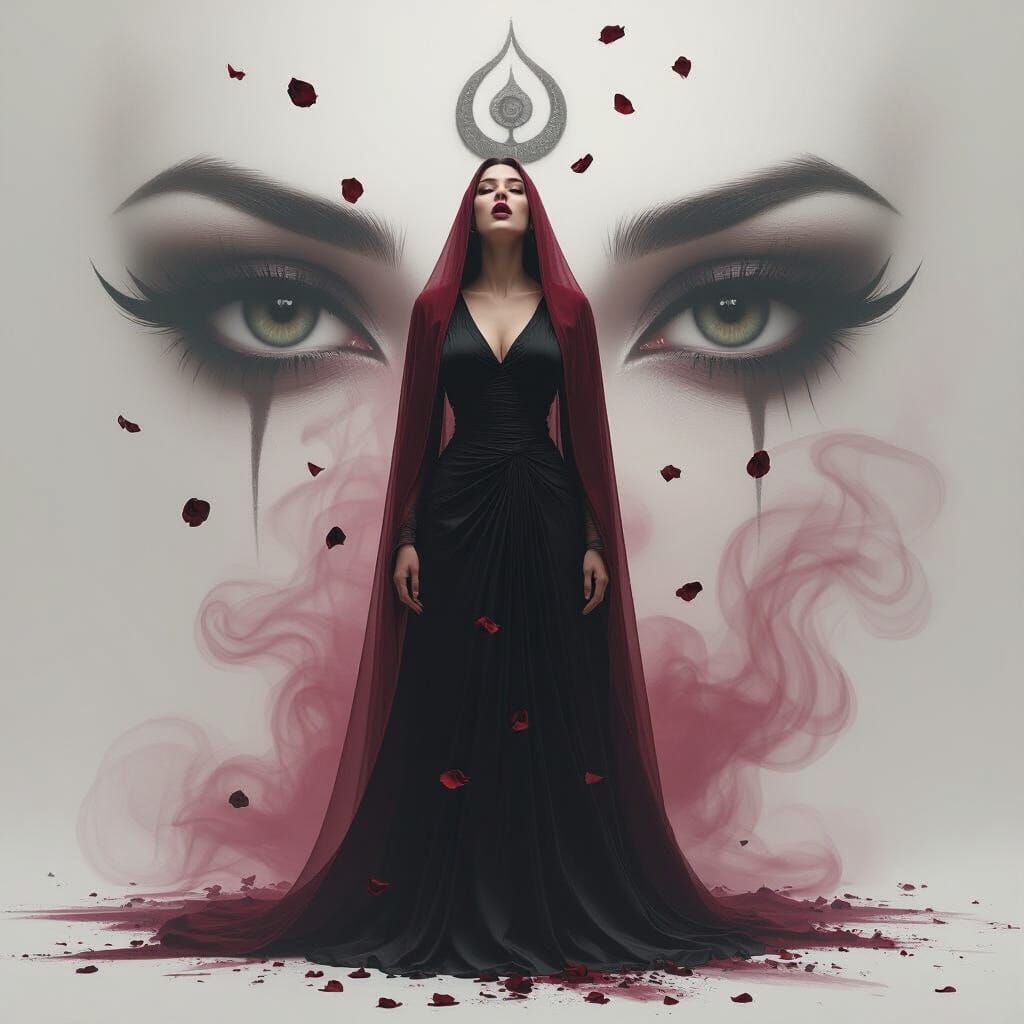 Woman in Crimson Mist with Black Roses, Surreal Art