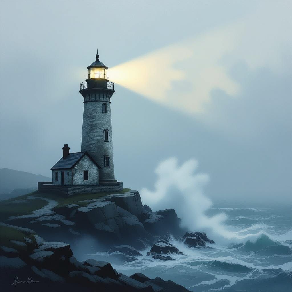 Atmospheric Lighthouse in Ethereal Fog Oil Painting