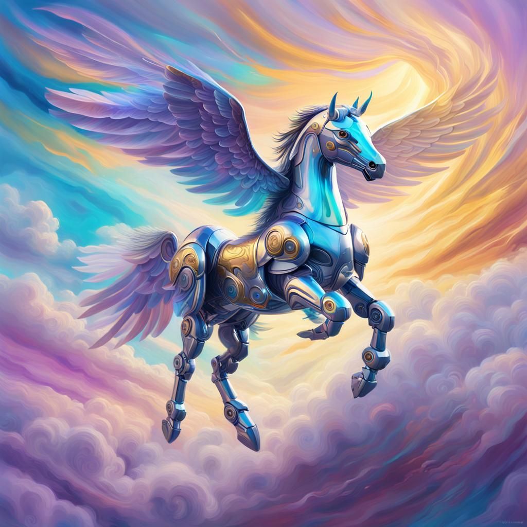 Metallic Robot Pegasus in Digital Fantasy Art