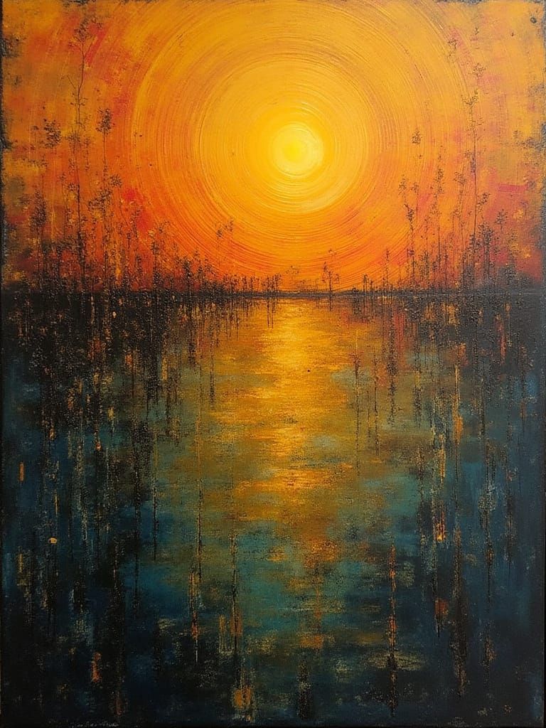 Abstract Expressionist Encaustic Painting of Wetlands Sunset