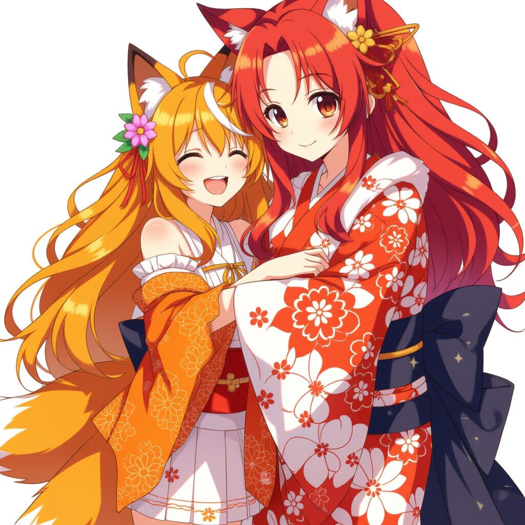 Anime Fox Girl with Red-Haired Friend
