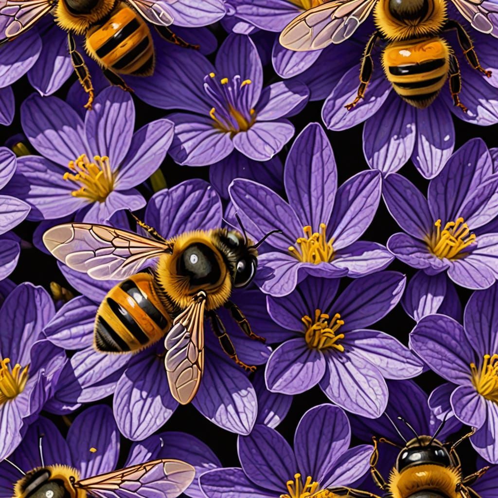 Bee on Violet Flower in Abstract Art Style