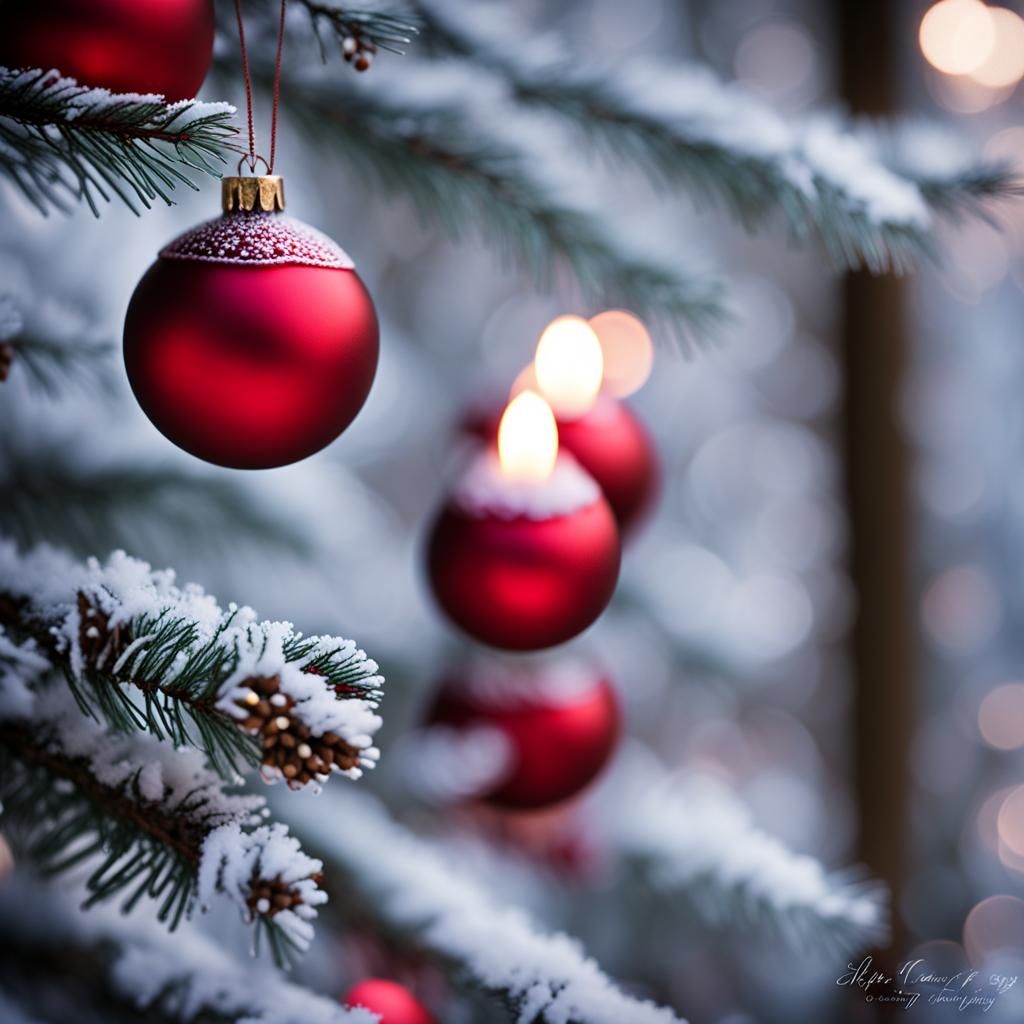 Crimson Christmas Baubles on Snowy Fir Branch