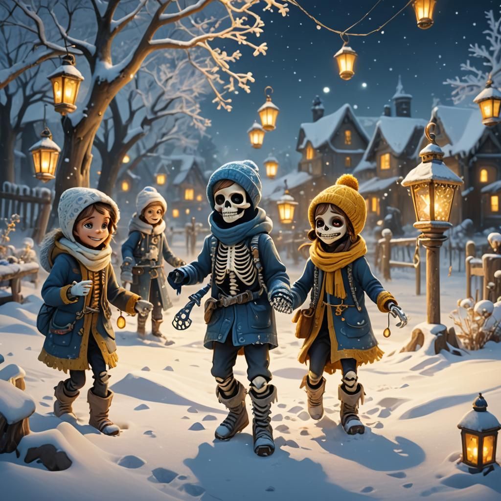 Skeleton Children Play in Snowy Winter Wonderland