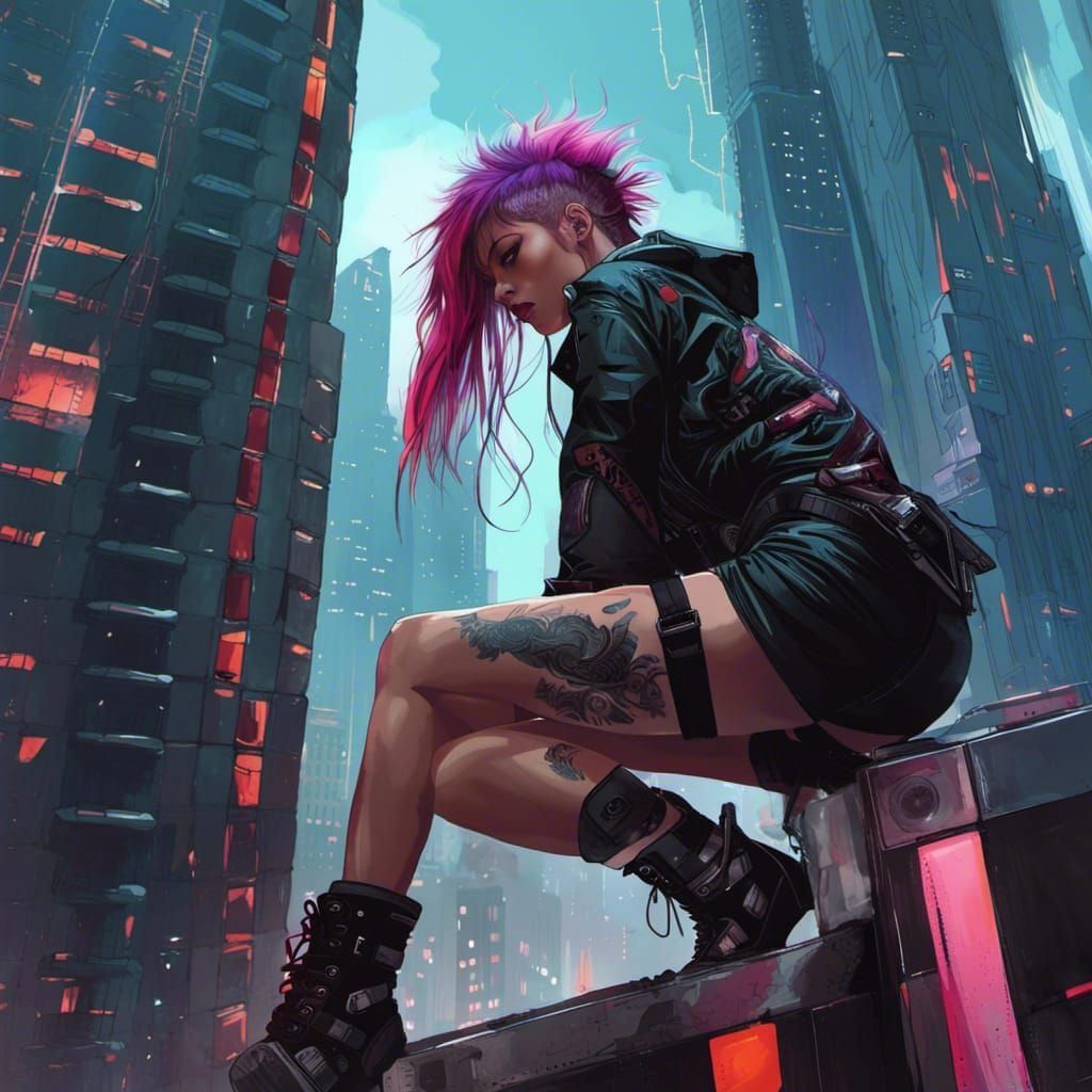 Punk Girls on Skyscraper Edge: Digital Art