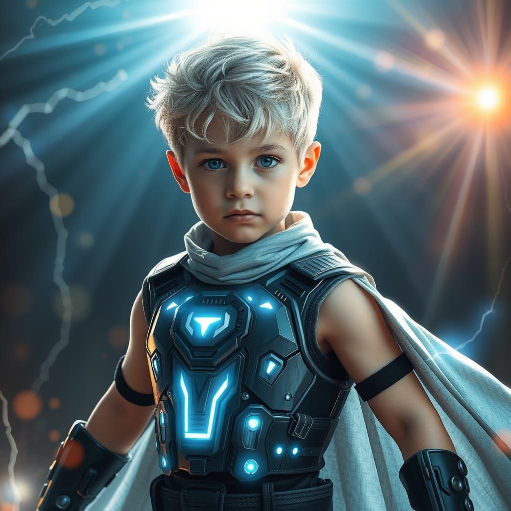 Cybernetic Boy Hero in God Rays and Bokeh