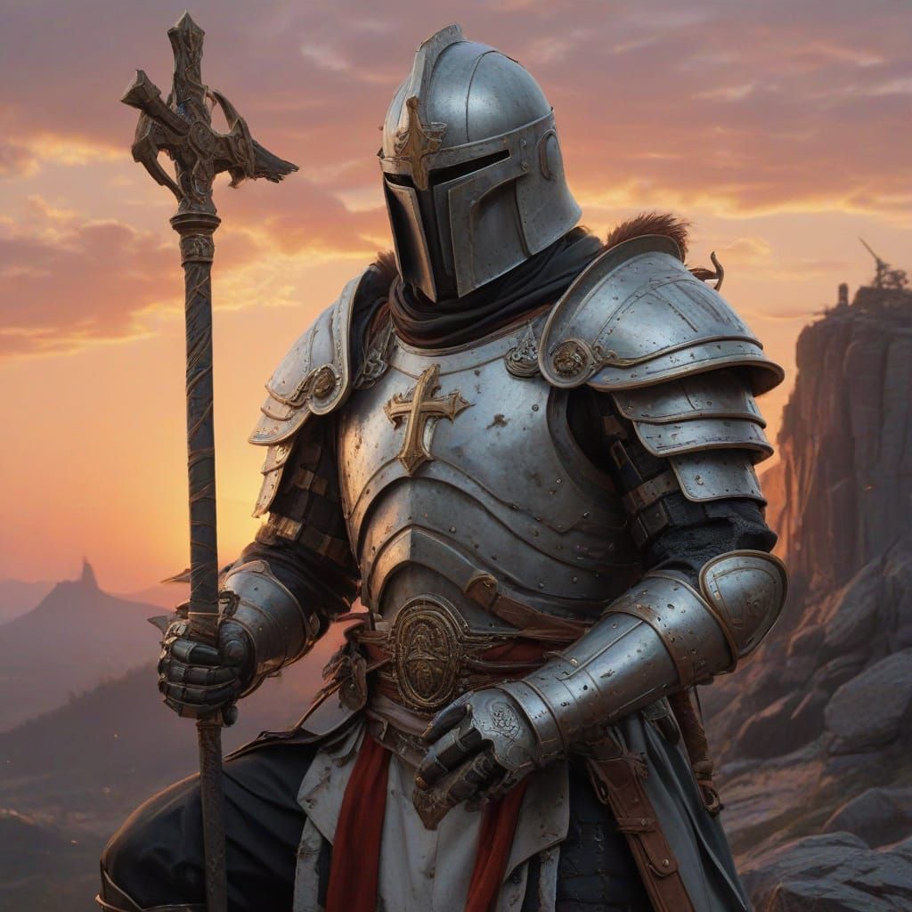 Knight Templar in Fervent Prayer Amidst Rocky Wilderness