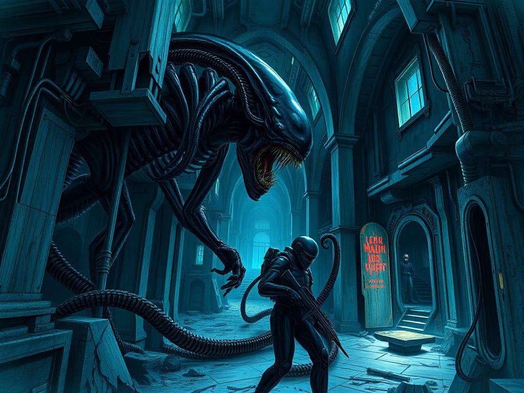 Xenomorph vs Marine in Biomechanical Horror Style
