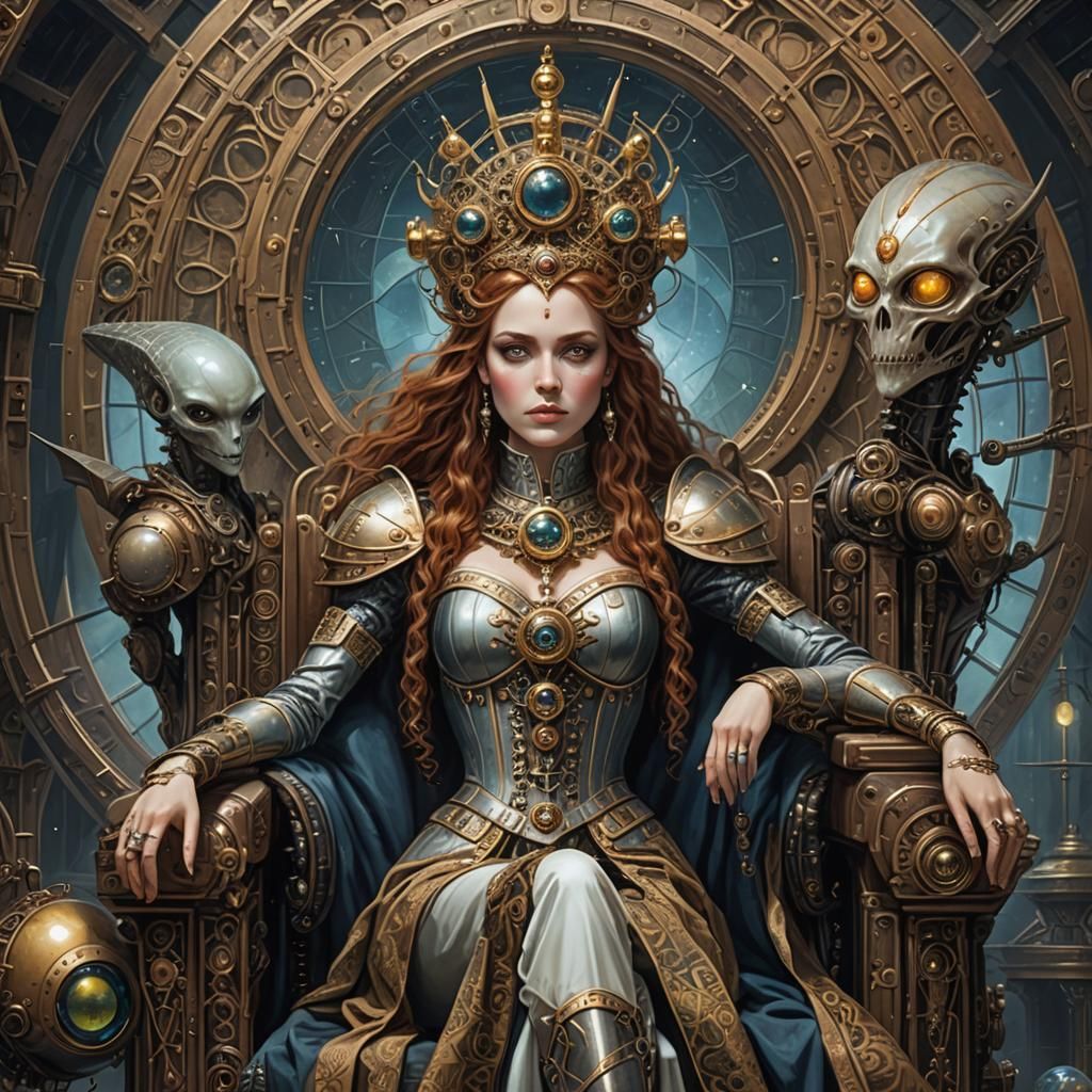 Steampunk Queen with Alien Worker in Pre-Raphaelite Style