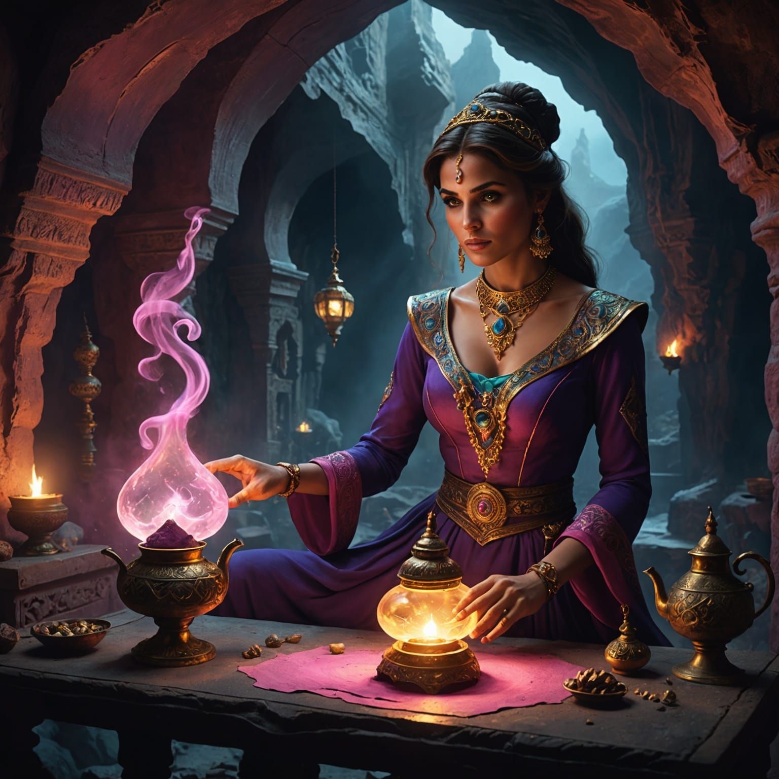 Genie in Treasure Cave with Magic Lamp