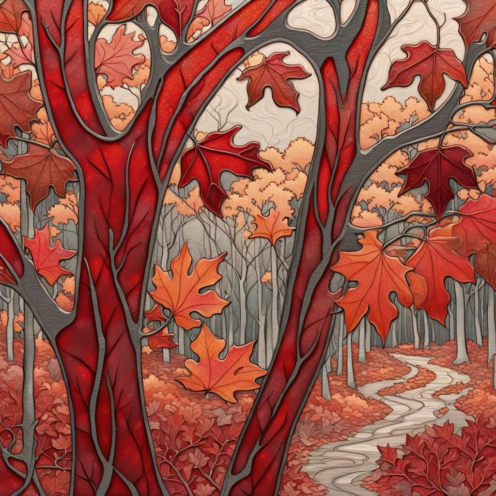 Red Autumn Forest Path in Art Nouveau Style