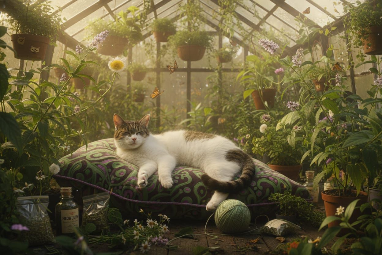 Brown Tabby Cat Lounging Among Catnip Plants