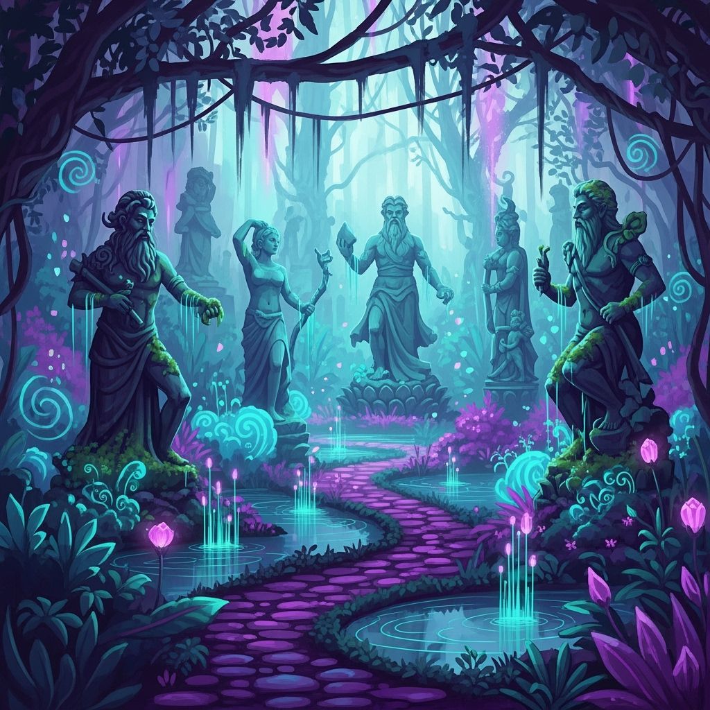 Mythical Gods in a Lush Turquoise Garden